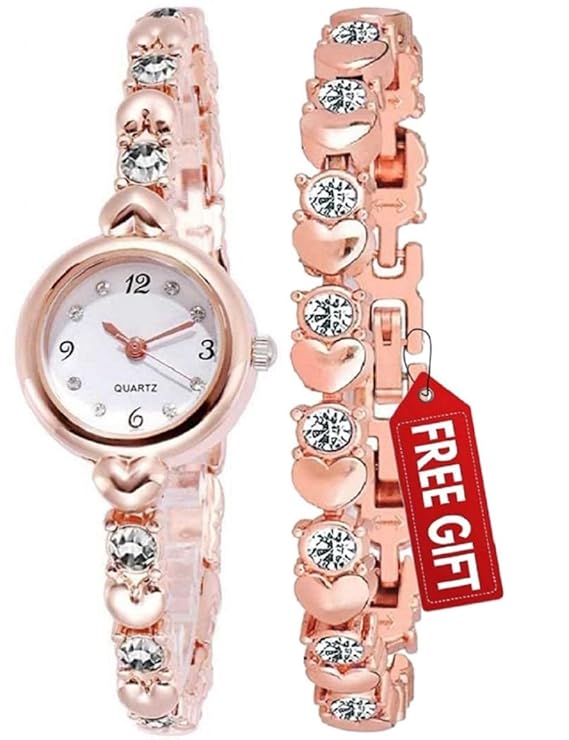 Heart Shape Bangle Analog Watch with Rose Gold Bracelet